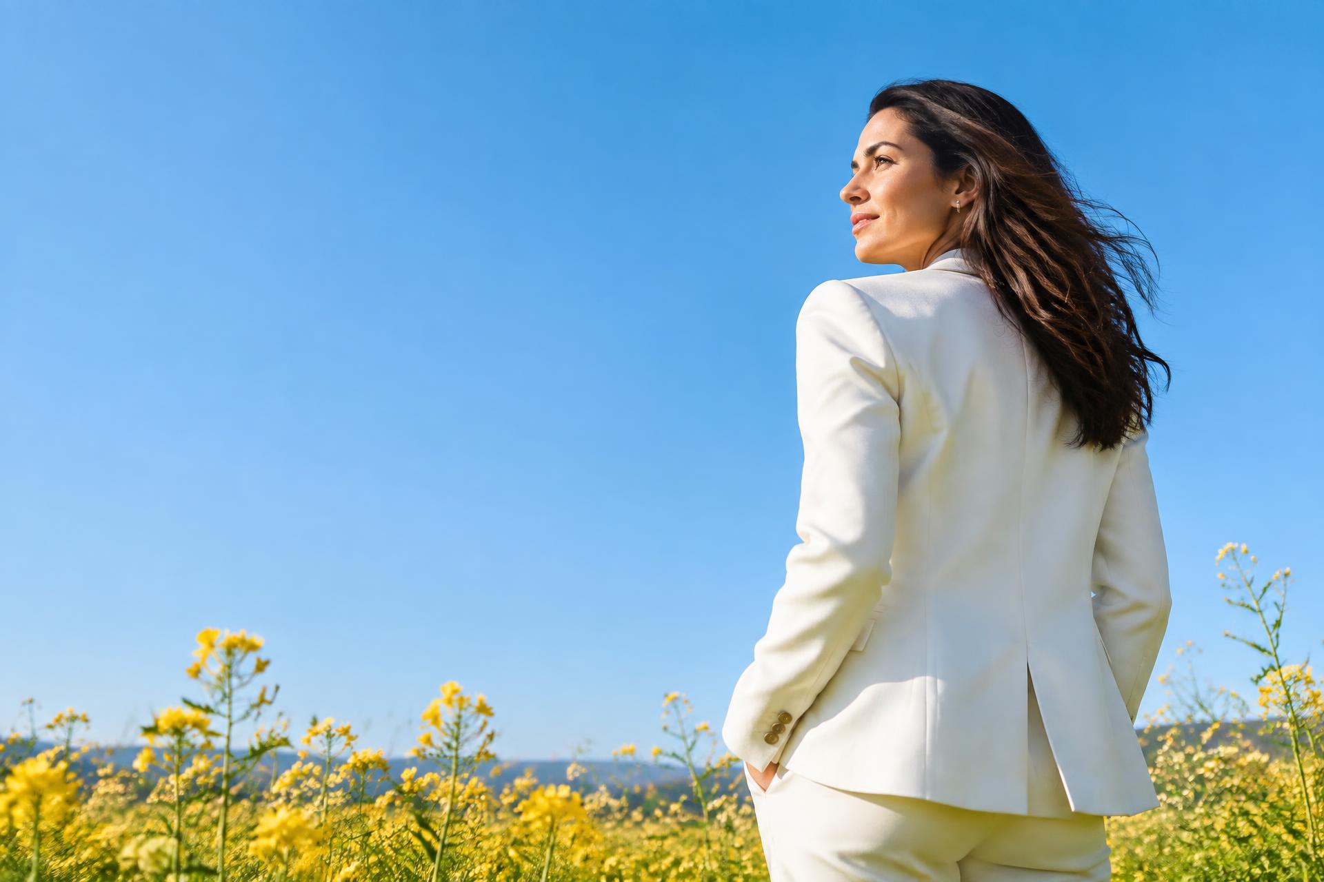 Woman standing in a field beneath an open sky